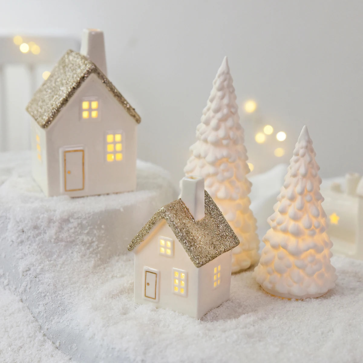 Champagne Gold Glitter Snow House Ornament - Ceramic Christmas Tree Decor & Small Gift πβ¨