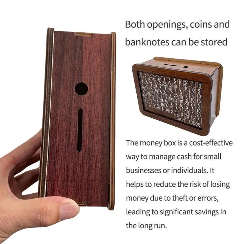 Wooden Euro Money Box - Reusable Piggy Bank with Savings Goals and Numbered Markings
