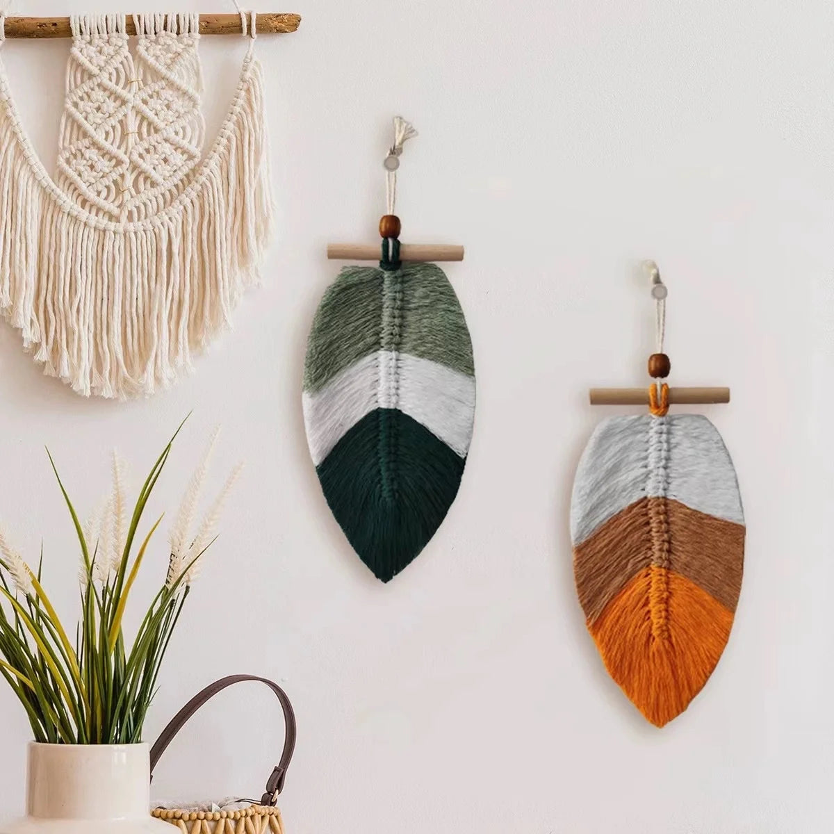 Set of 2 Bohemian Woven Leaves Wall Hangings – Cotton Thread Tapestry for Home Decor
