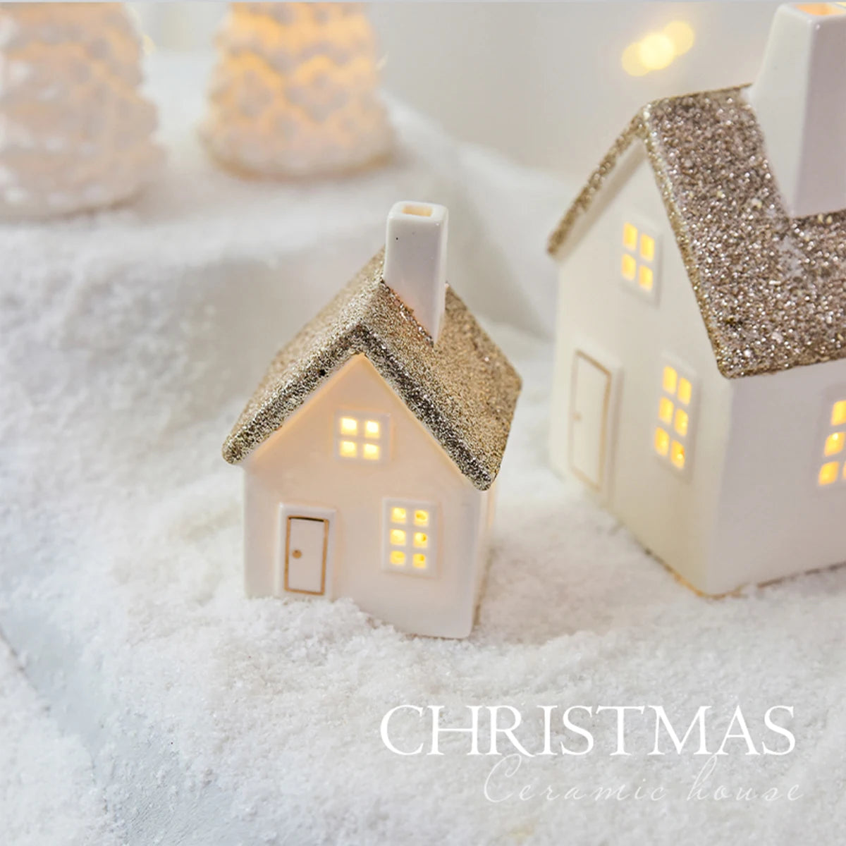 Champagne Gold Glitter Snow House Ornament - Ceramic Christmas Tree Decor & Small Gift πβ¨