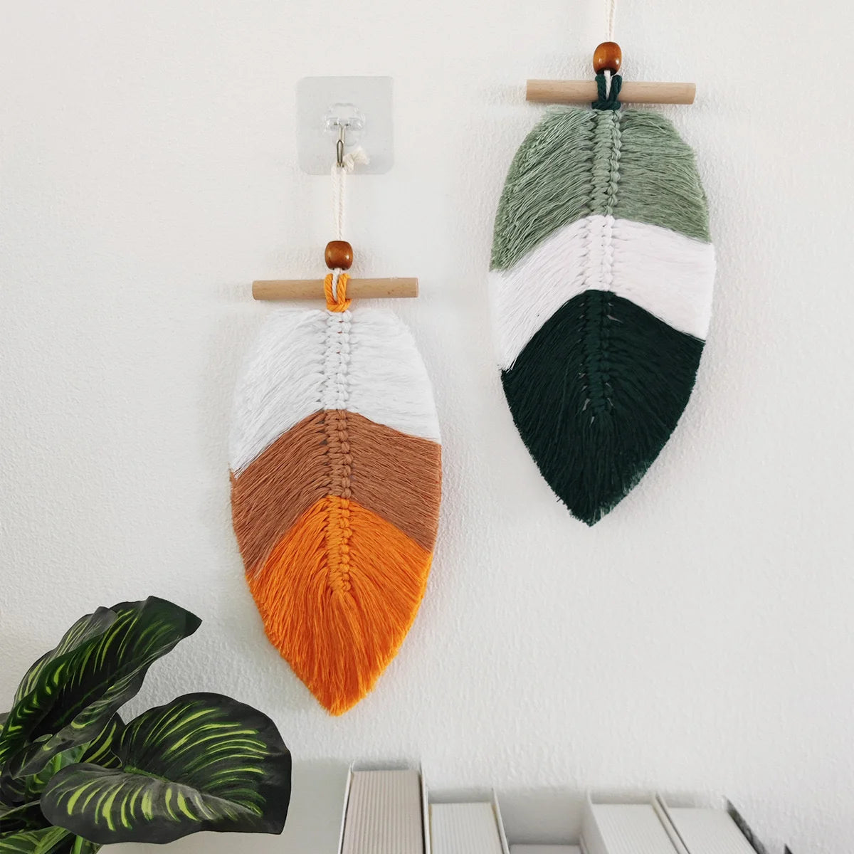Set of 2 Bohemian Woven Leaves Wall Hangings – Cotton Thread Tapestry for Home Decor