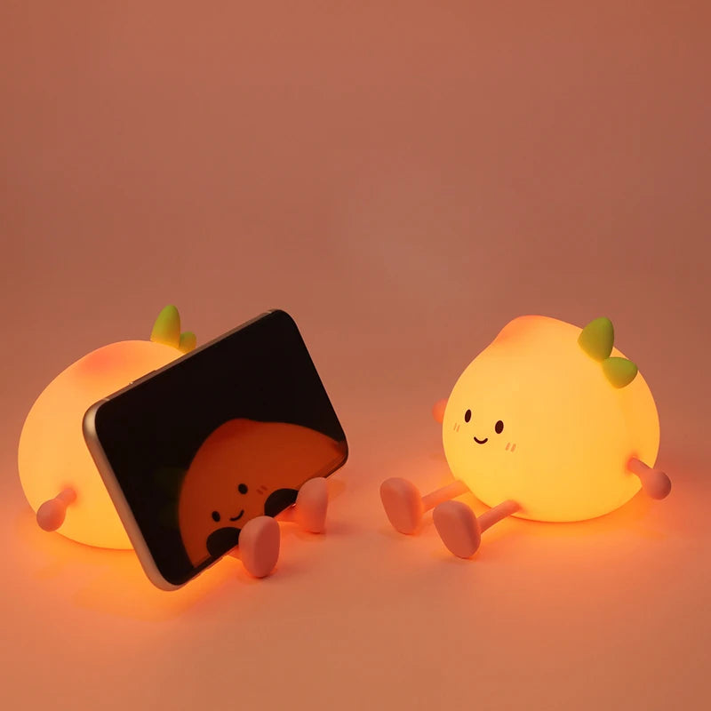 USB Rechargeable Peach Pear Night Light - Touch Dimming Silicone Lamp for Bedroom Decor