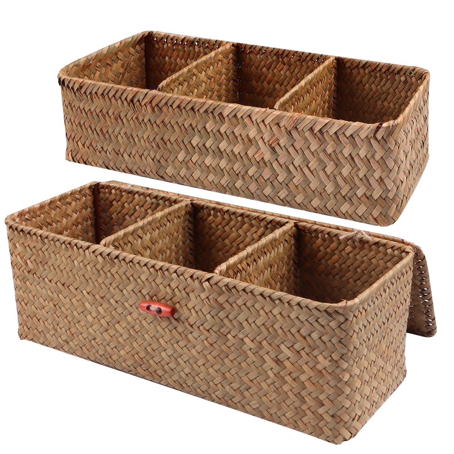 Handwoven Storage Basket with Lid – Rectangular Clothing Organizer with 3 Grids for Wardrobe and Sundries