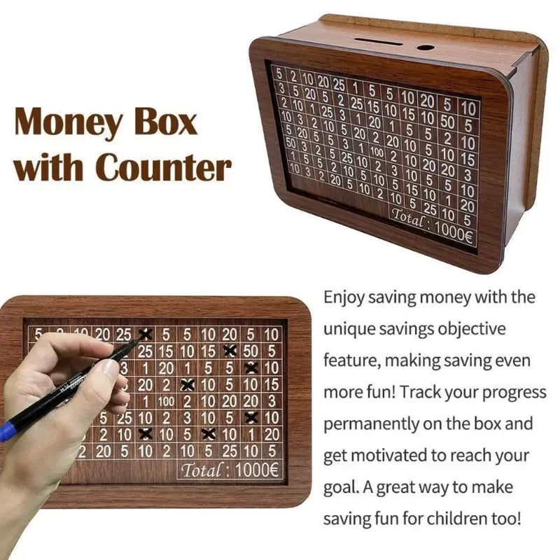 Wooden Euro Money Box - Reusable Piggy Bank with Savings Goals and Numbered Markings