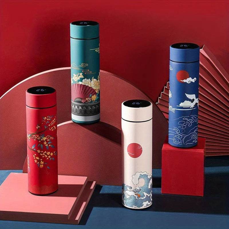 1pc Retro Chinese Style Insulated Water Bottle with Smart Temperature Display – Stainless Steel Thermal Cup