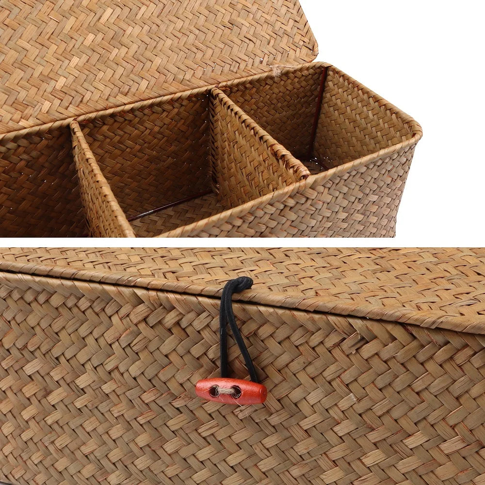 Handwoven Storage Basket with Lid – Rectangular Clothing Organizer with 3 Grids for Wardrobe and Sundries