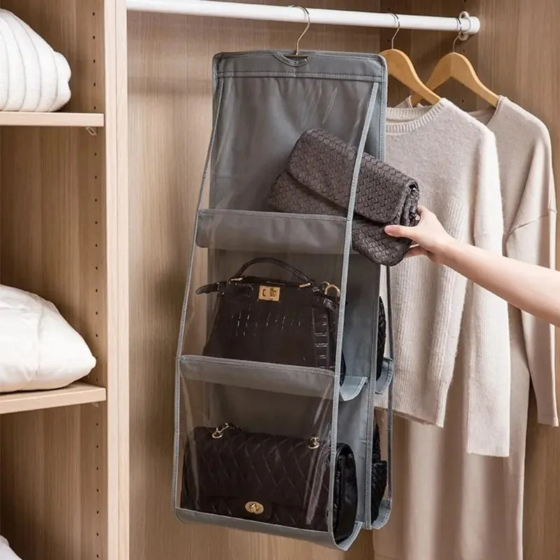 6-pocket hanging handbag organizer for wardrobe or closet – Waterproof storage bag with clear pockets