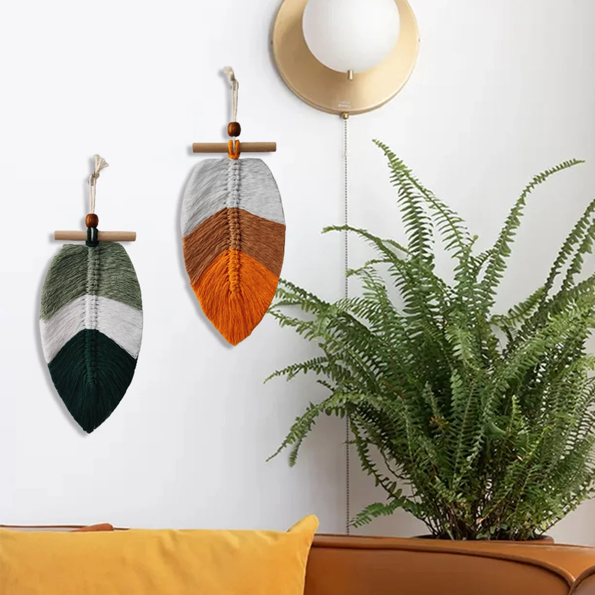 Set of 2 Bohemian Woven Leaves Wall Hangings – Cotton Thread Tapestry for Home Decor