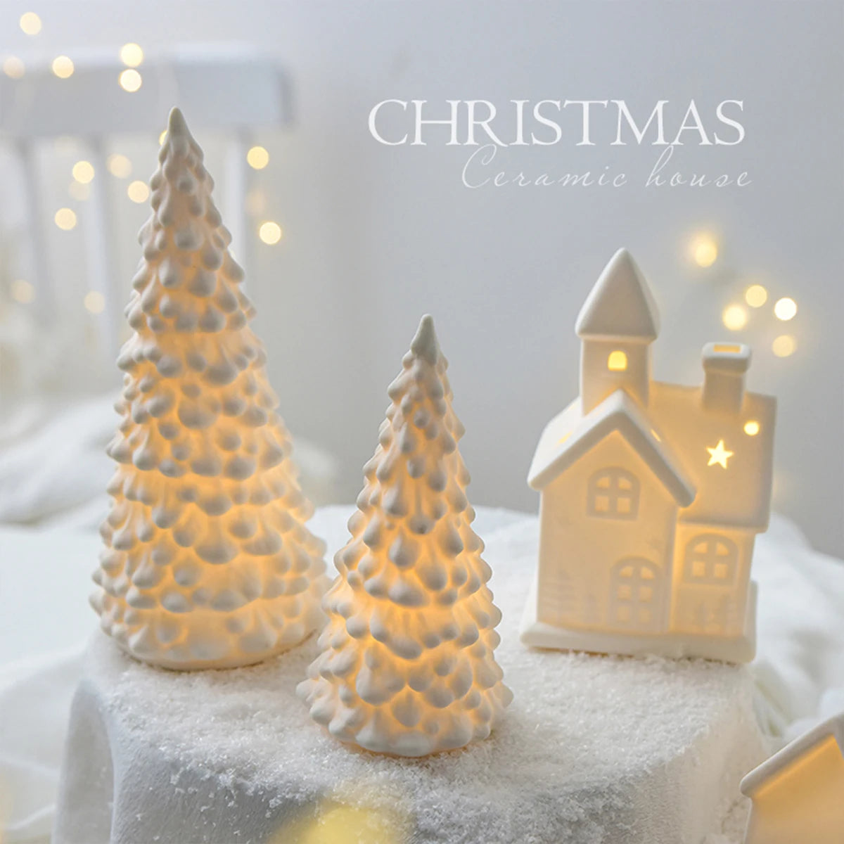 Glowing Christmas Ceramic House Decoration - Snowman & Tree
