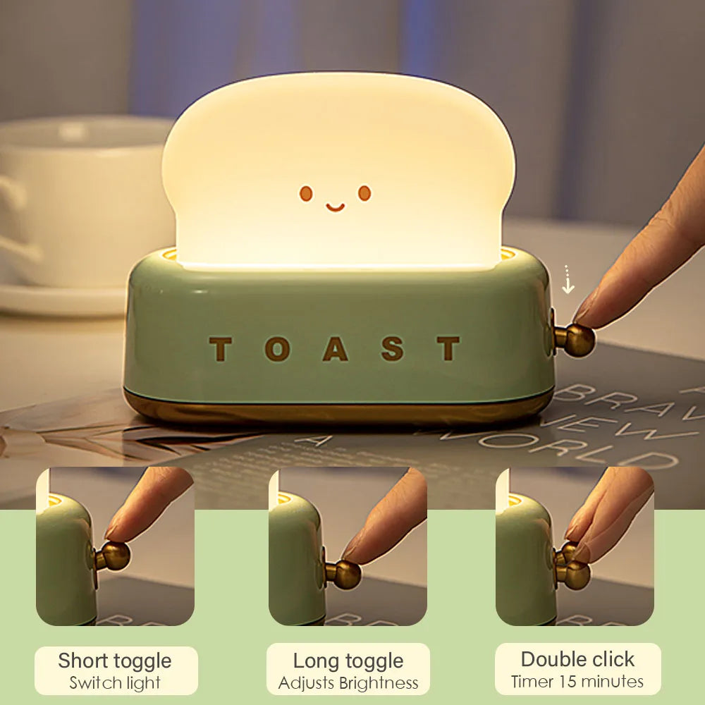 Kawaii Cartoon Bread Toast LED Night Light - Cute Portable Lamp
