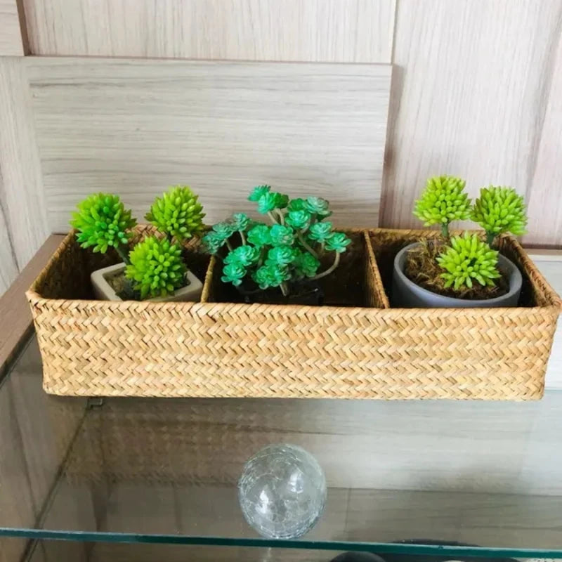 Handwoven Storage Basket with Lid – Rectangular Clothing Organizer with 3 Grids for Wardrobe and Sundries