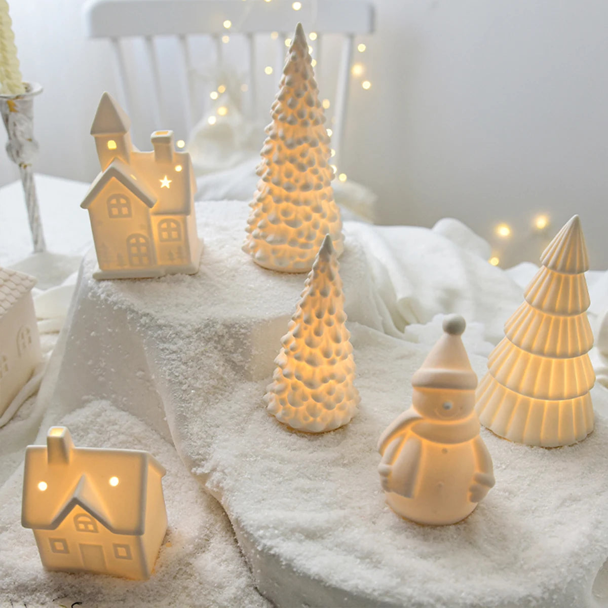 Glowing Christmas Ceramic House Decoration - Snowman & Tree