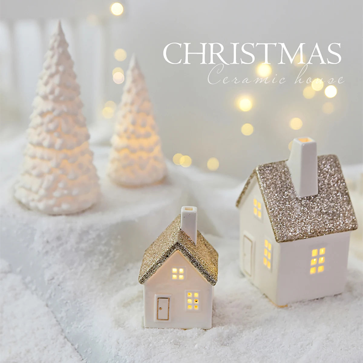 Champagne Gold Glitter Snow House Ornament - Ceramic Christmas Tree Decor & Small Gift πβ¨