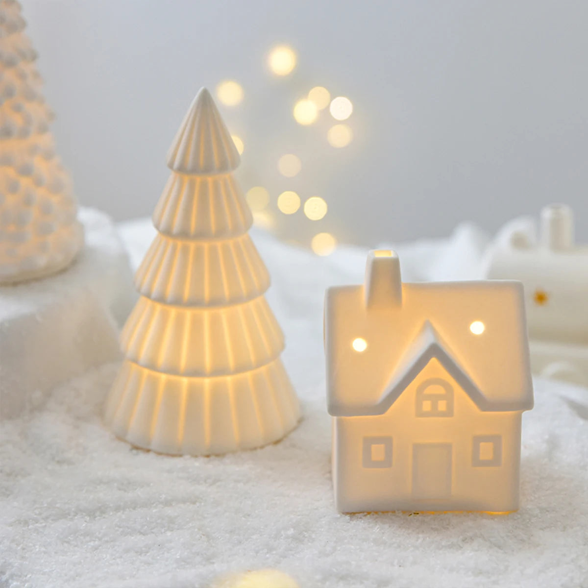 Glowing Christmas Ceramic House Decoration - Snowman & Tree