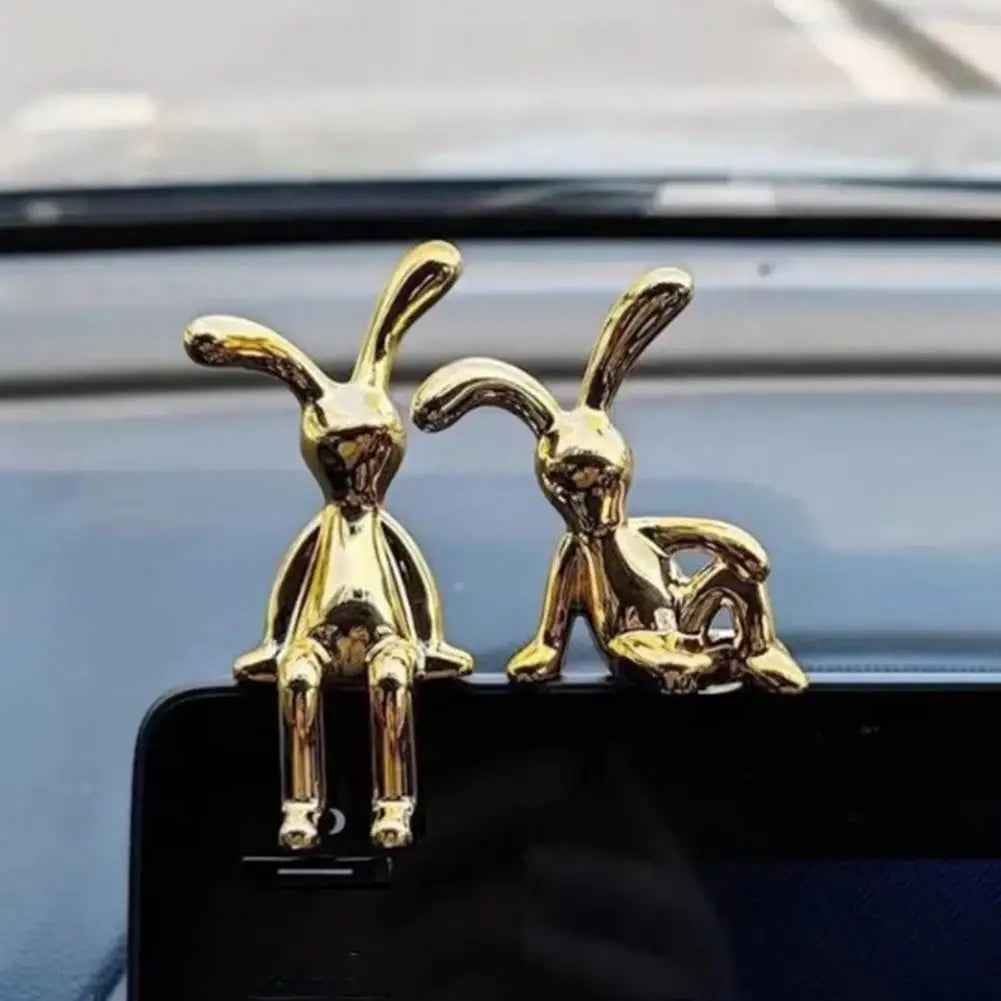 2Pcs Long-Ear Bunny Figurines π° - UV Electroplated Rabbit Statues for Car Decor & Christmas!