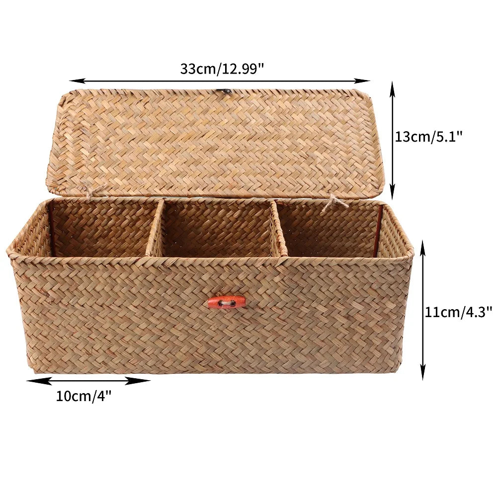 Handwoven Storage Basket with Lid – Rectangular Clothing Organizer with 3 Grids for Wardrobe and Sundries