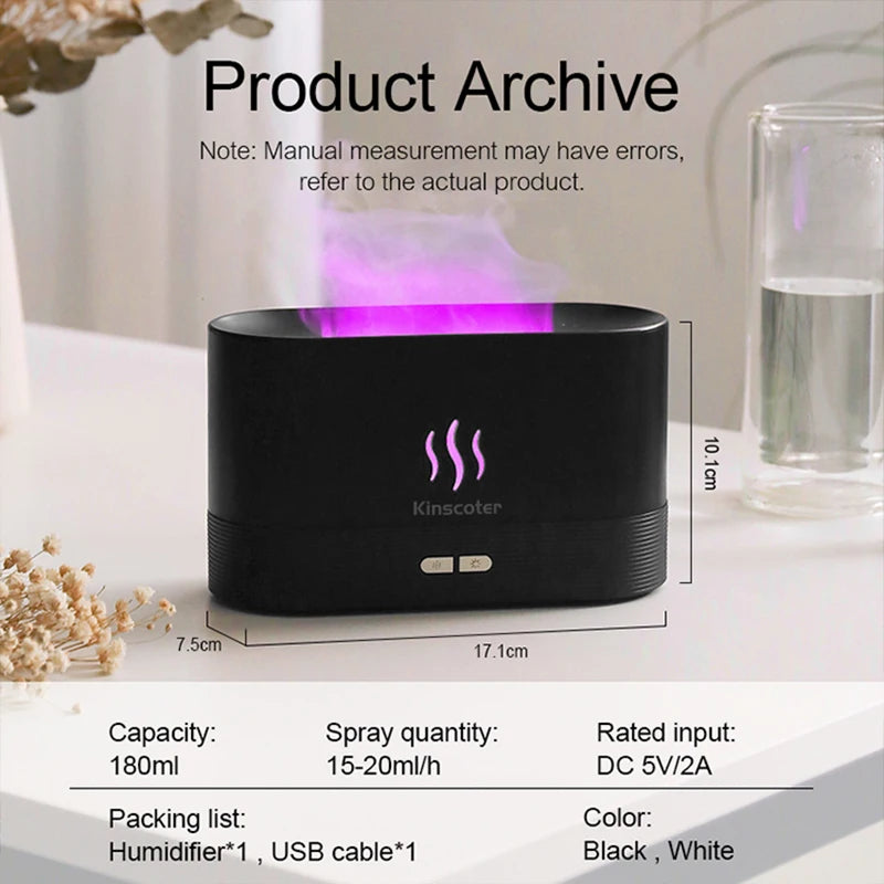 KINSCOTER Ultrasonic Aroma Diffuser & Air Humidifier – LED Flame Lamp & Cool Mist Maker for Essential Oils