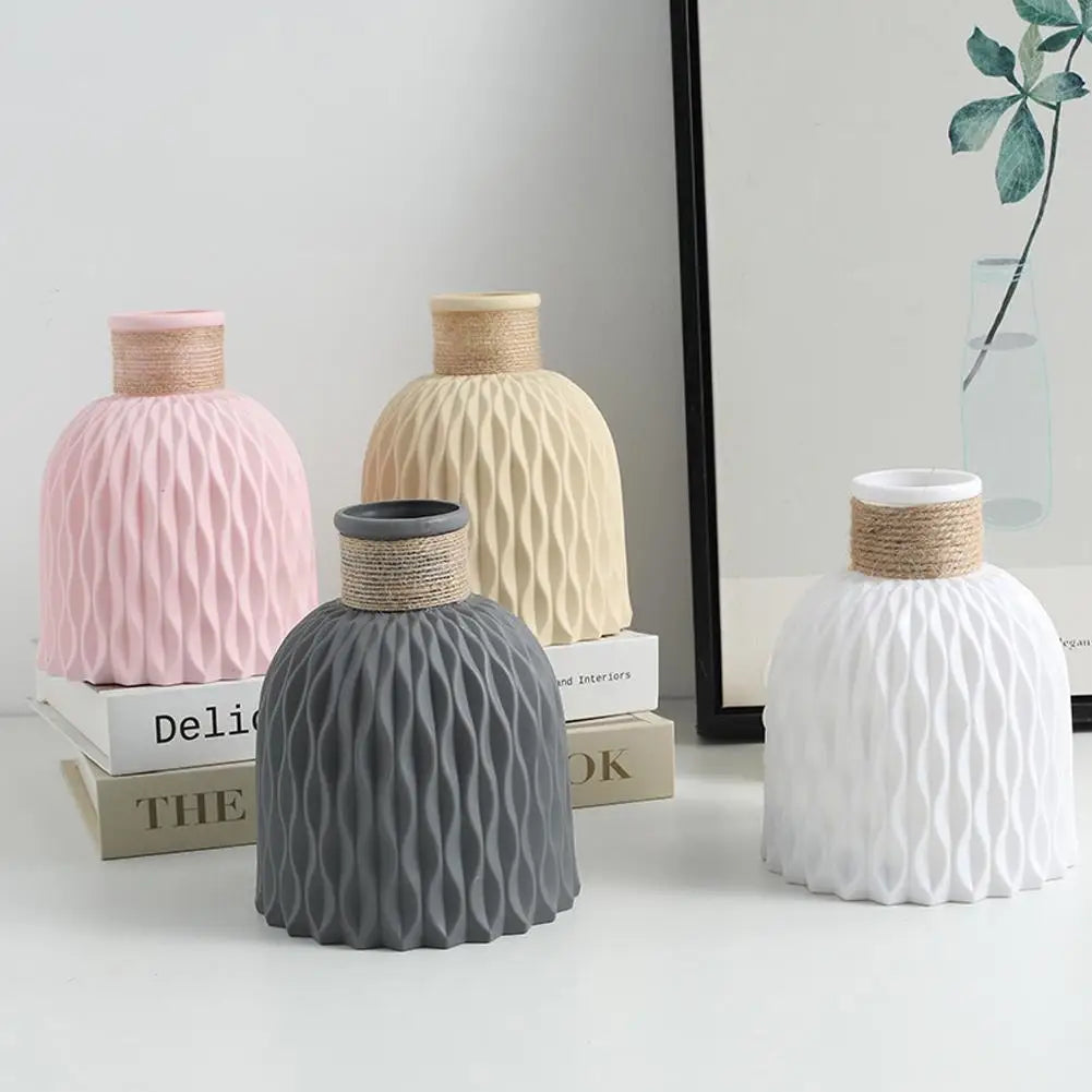 DIY Flowerpot with Rope Design – Plastic Vase Ideal for Flower Arrangements and Home Decoration with Porcelain Imitation Flowers 🏡