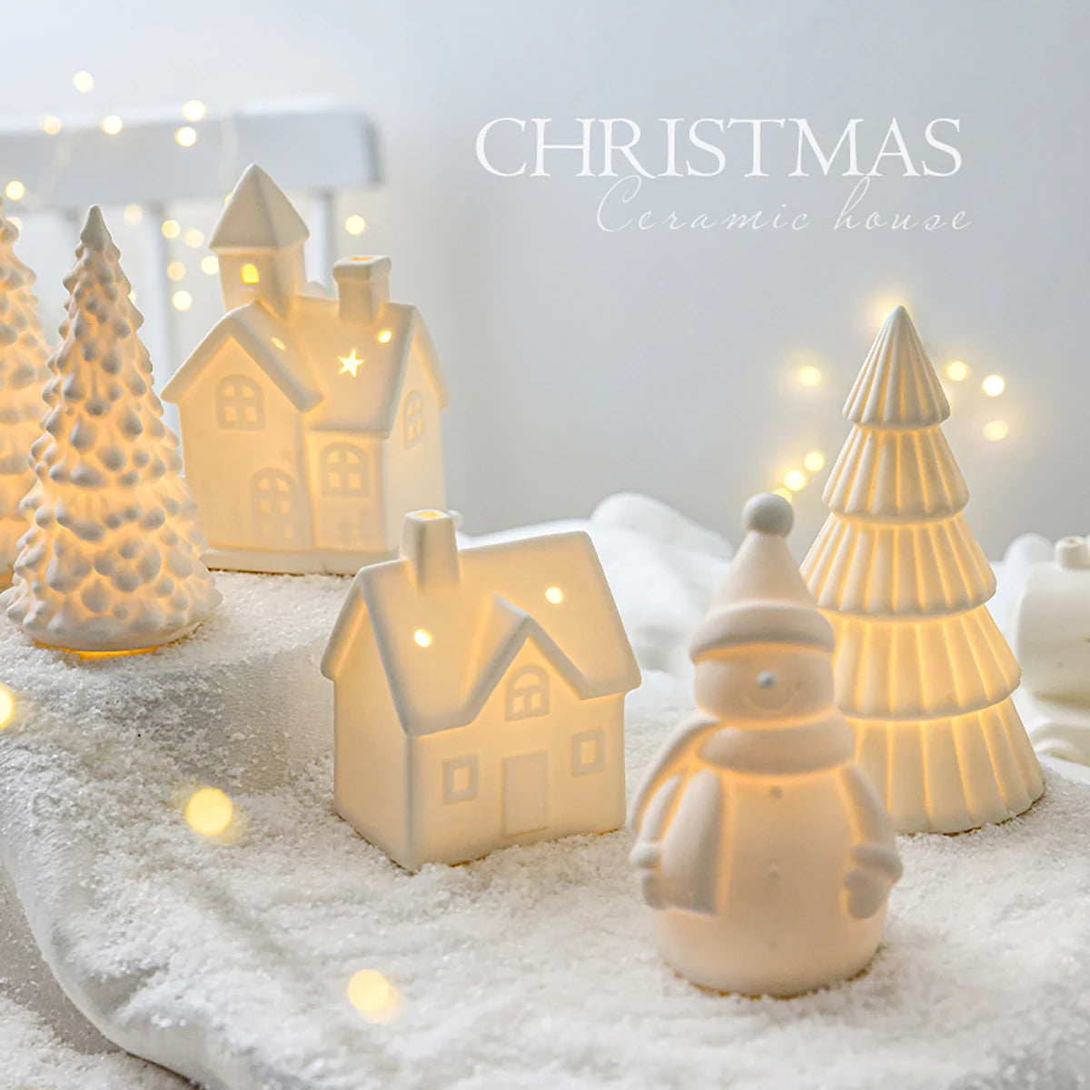 Glowing Christmas Ceramic House Decoration - Snowman & Tree
