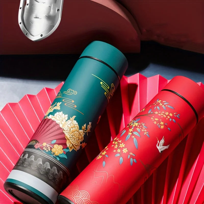 1pc Retro Chinese Style Insulated Water Bottle with Smart Temperature Display – Stainless Steel Thermal Cup