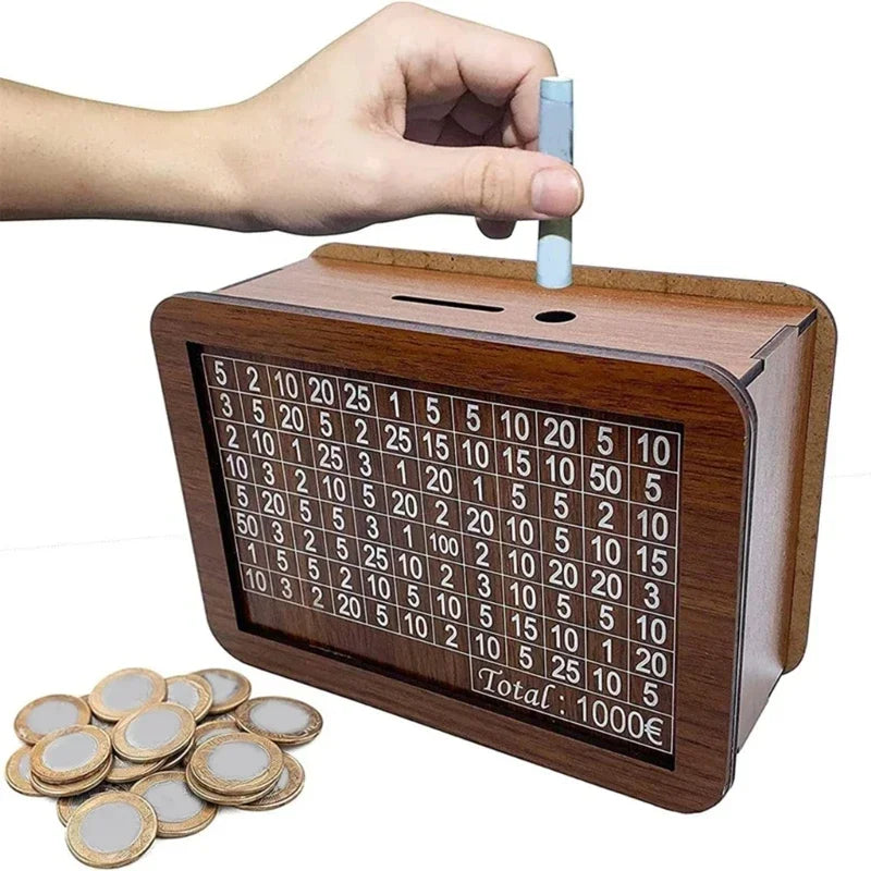 Wooden Euro Money Box - Reusable Piggy Bank with Savings Goals and Numbered Markings