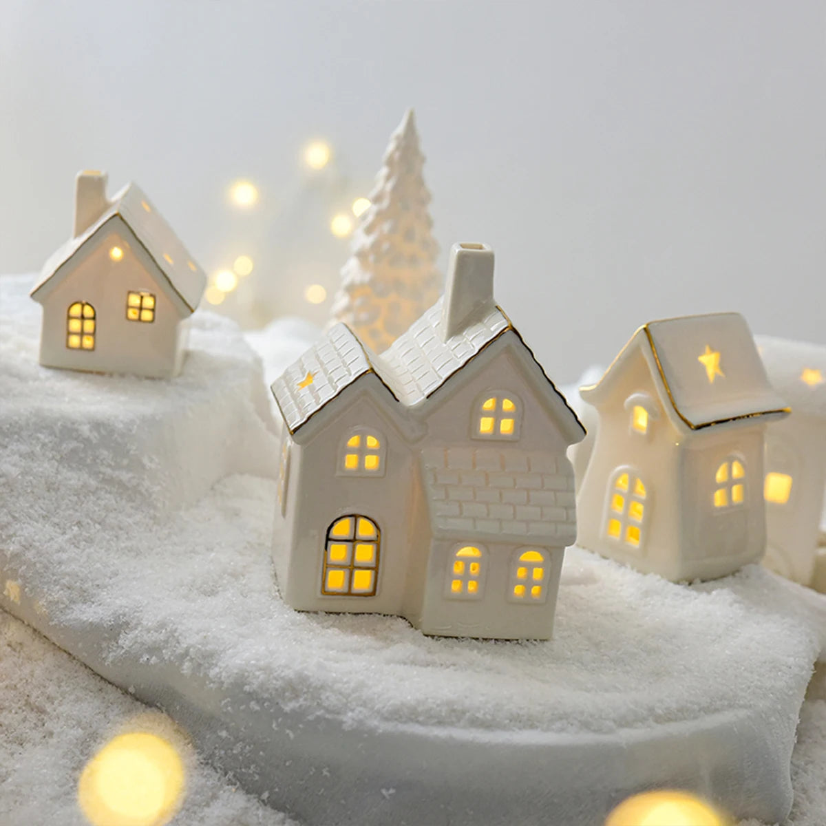 Christmas Ceramic Glowing Snow Houses – Creative Small House Ornaments for Home Decor