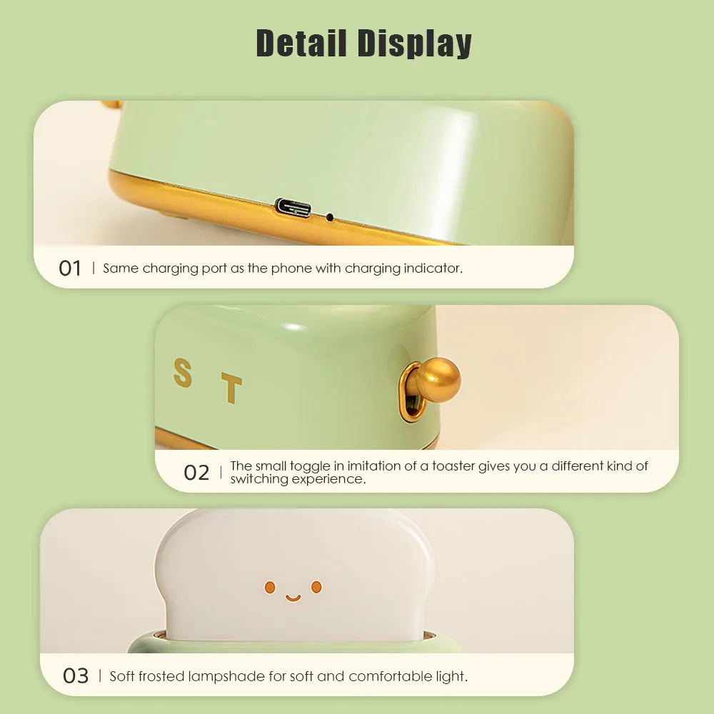Kawaii Cartoon Bread Toast LED Night Light - Cute Portable Lamp