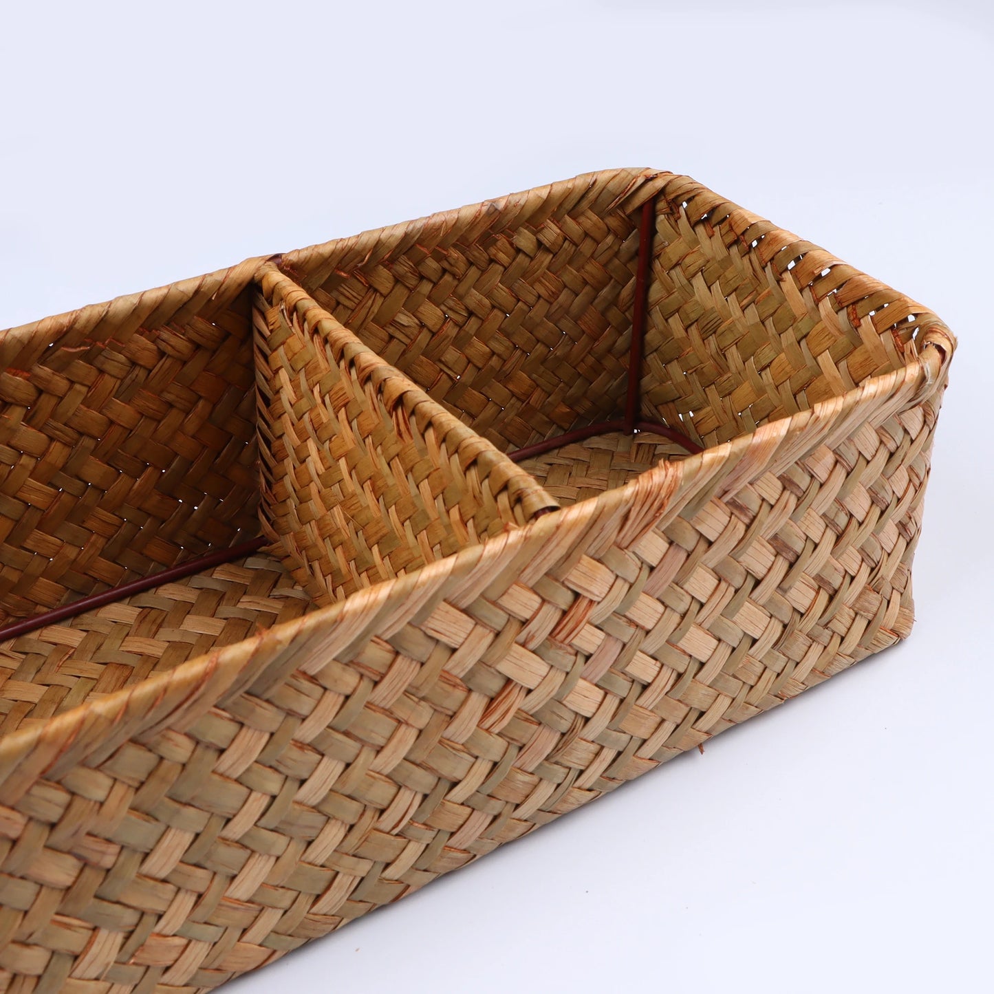 Handwoven Storage Basket with Lid – Rectangular Clothing Organizer with 3 Grids for Wardrobe and Sundries