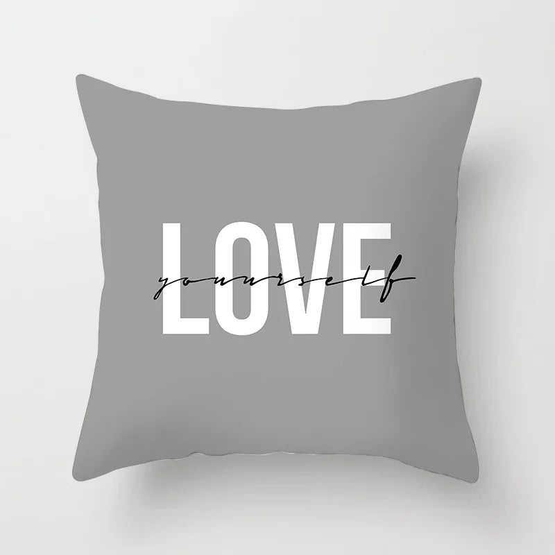 Gray, White, and Black Lettered Cushion Cover for Home Decor – Square Pillowcase for Party, Sofa, and Office Use
