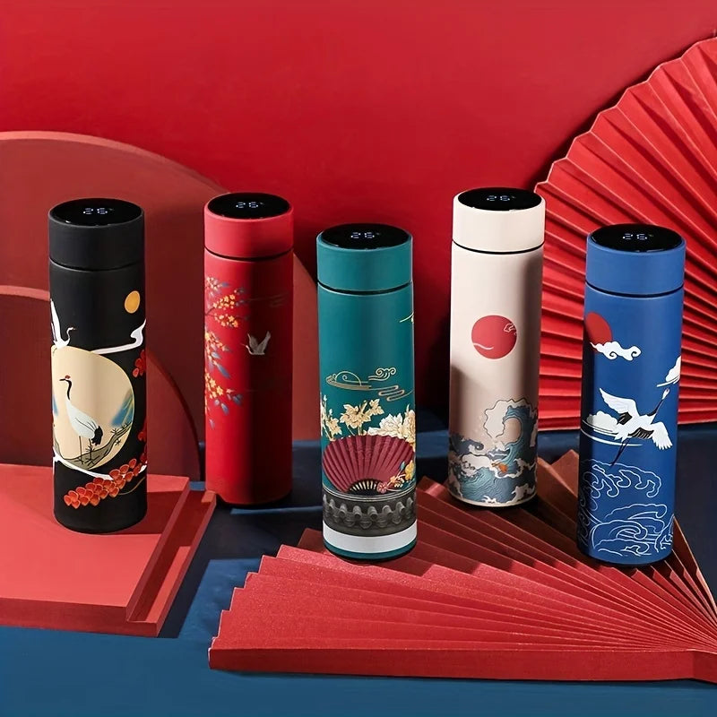 1pc Retro Chinese Style Insulated Water Bottle with Smart Temperature Display – Stainless Steel Thermal Cup