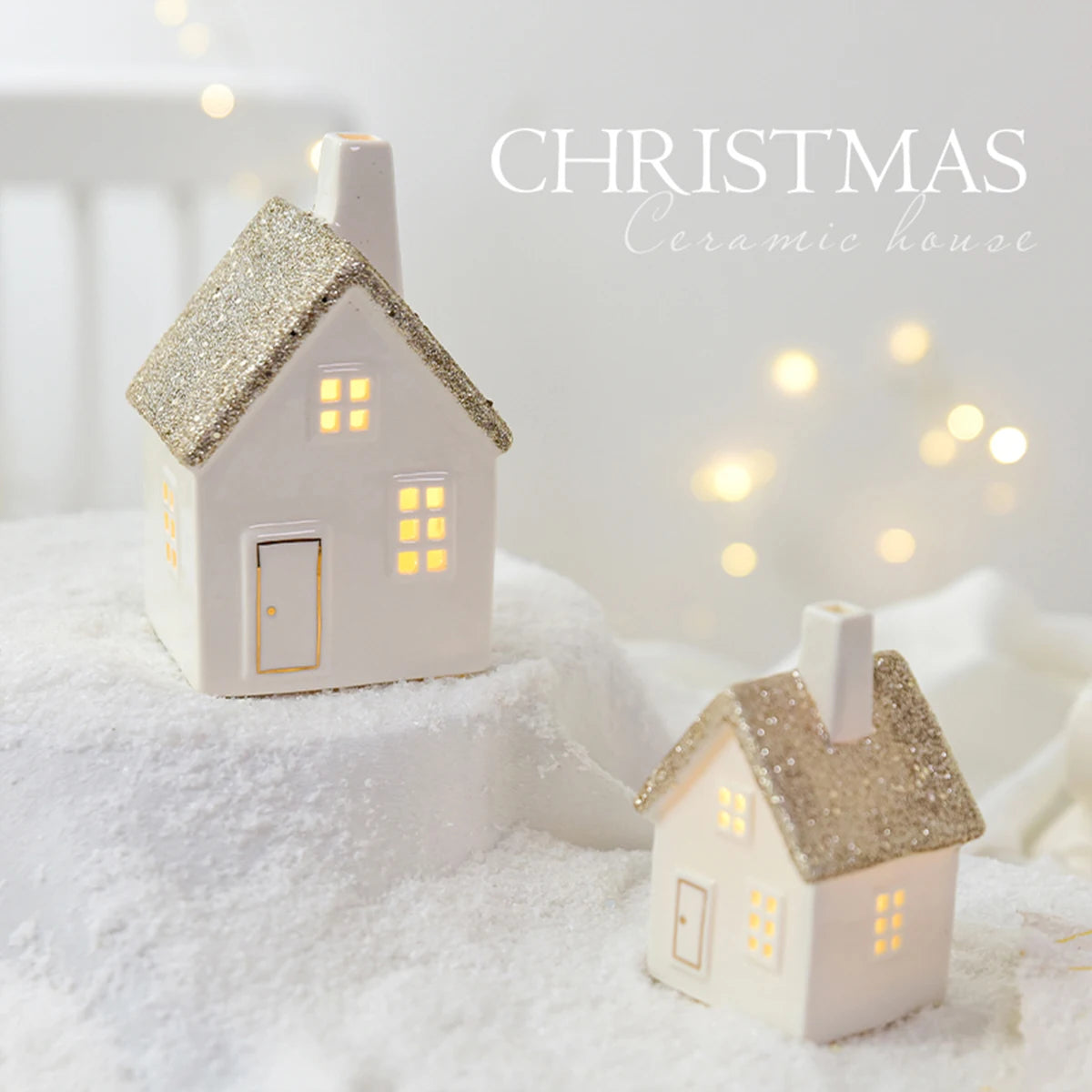 Champagne Gold Glitter Snow House Ornament - Ceramic Christmas Tree Decor & Small Gift πβ¨