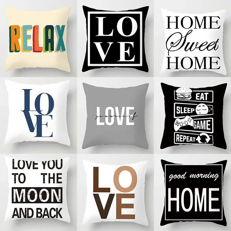 Gray, White, and Black Lettered Cushion Cover for Home Decor – Square Pillowcase for Party, Sofa, and Office Use