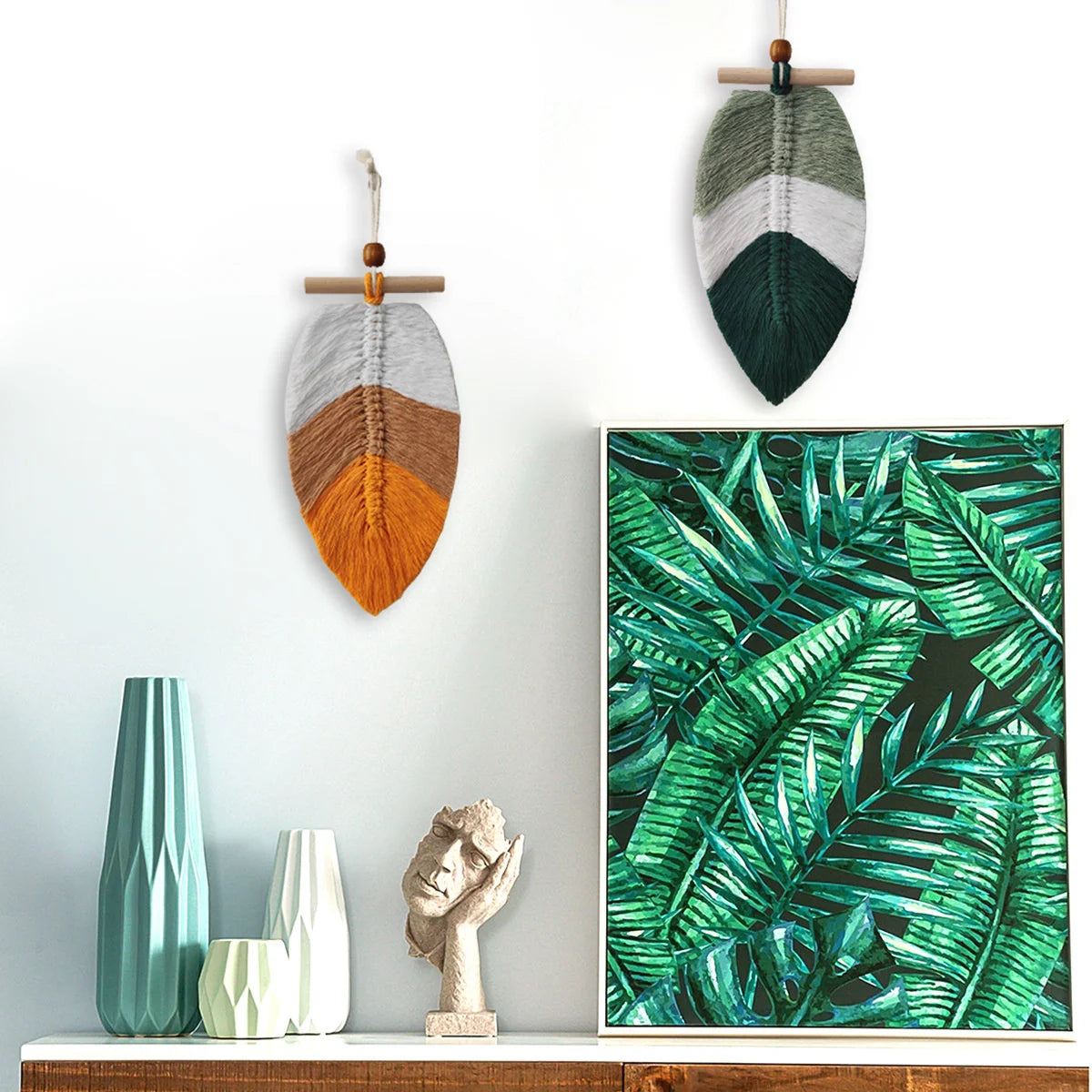 Set of 2 Bohemian Woven Leaves Wall Hangings – Cotton Thread Tapestry for Home Decor
