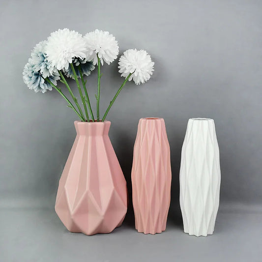 Modern Plastic Flower Vase – White, Pink, and Blue Flower Pot Basket for Nordic Home and Living Room Decor 🌷